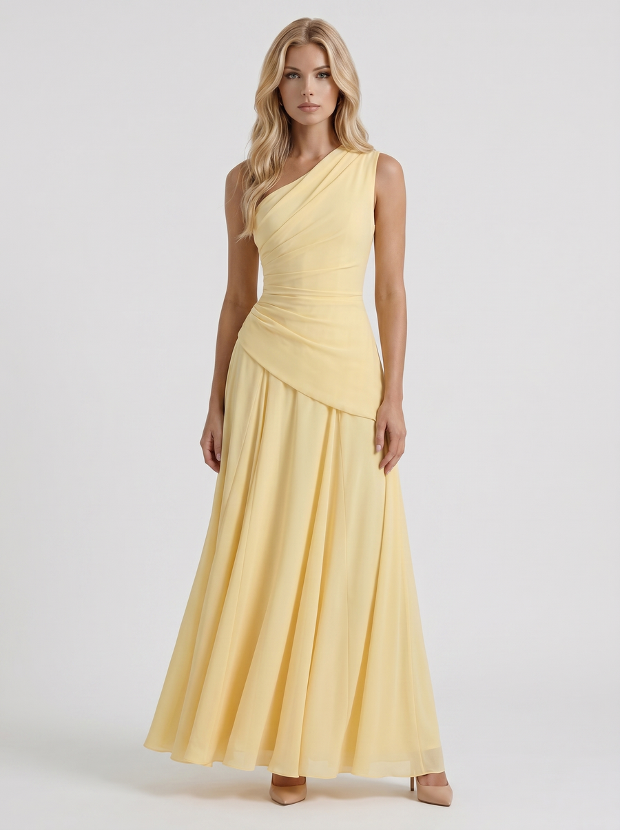 Delphine One Shoulder Ruched Mesh Maxi Dress - Lemon