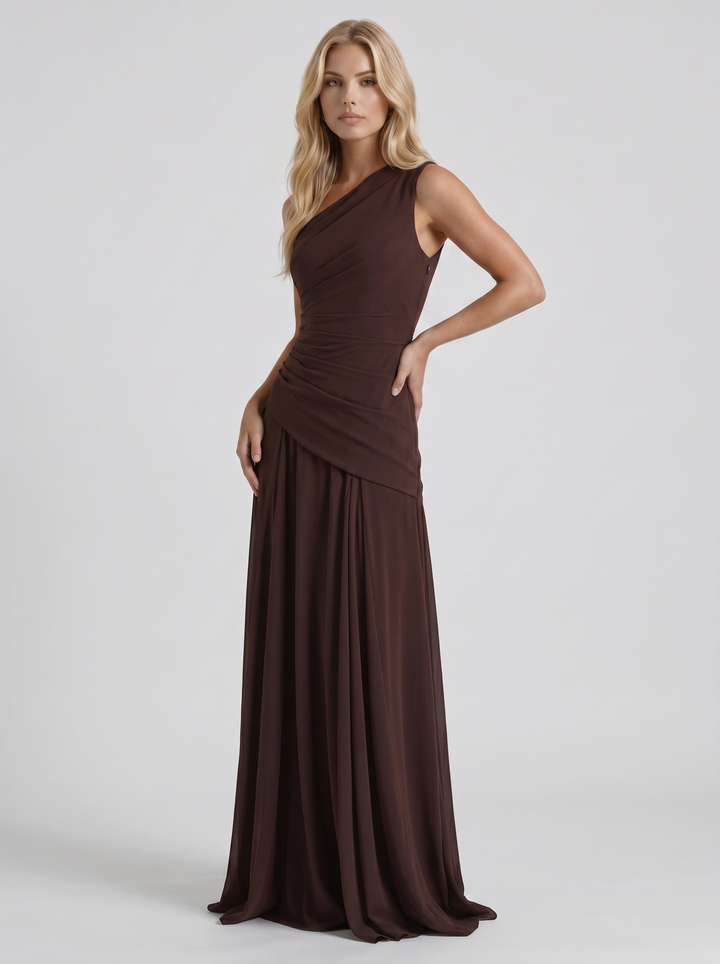 Delphine One Shoulder Ruched Mesh Maxi Dress - Plum Brown