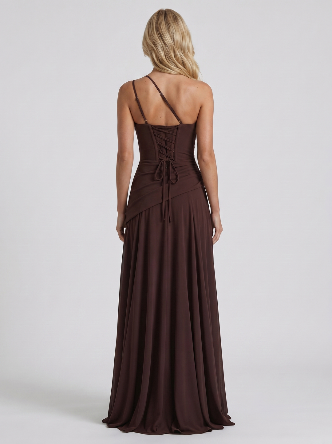 Delphine One Shoulder Ruched Mesh Maxi Dress - Plum Brown