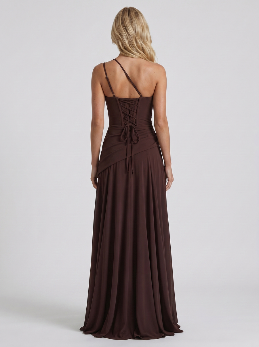 Delphine One Shoulder Ruched Mesh Maxi Dress - Plum Brown