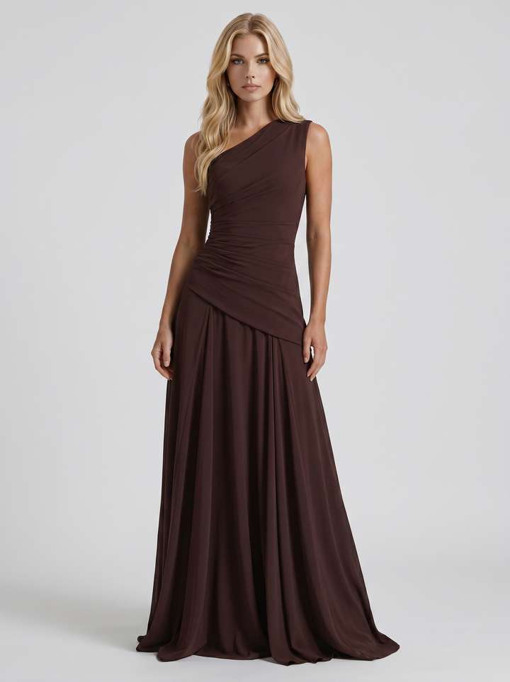 Delphine One Shoulder Ruched Mesh Maxi Dress - Plum Brown