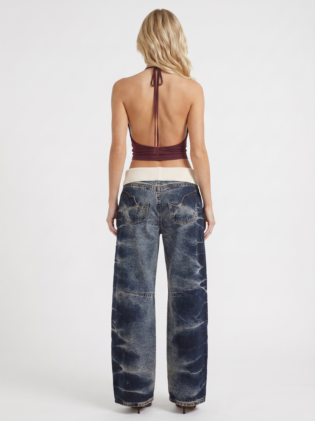 Eden Fold Over Waist Baggy Wide Leg Denim Jeans - Dark Blue