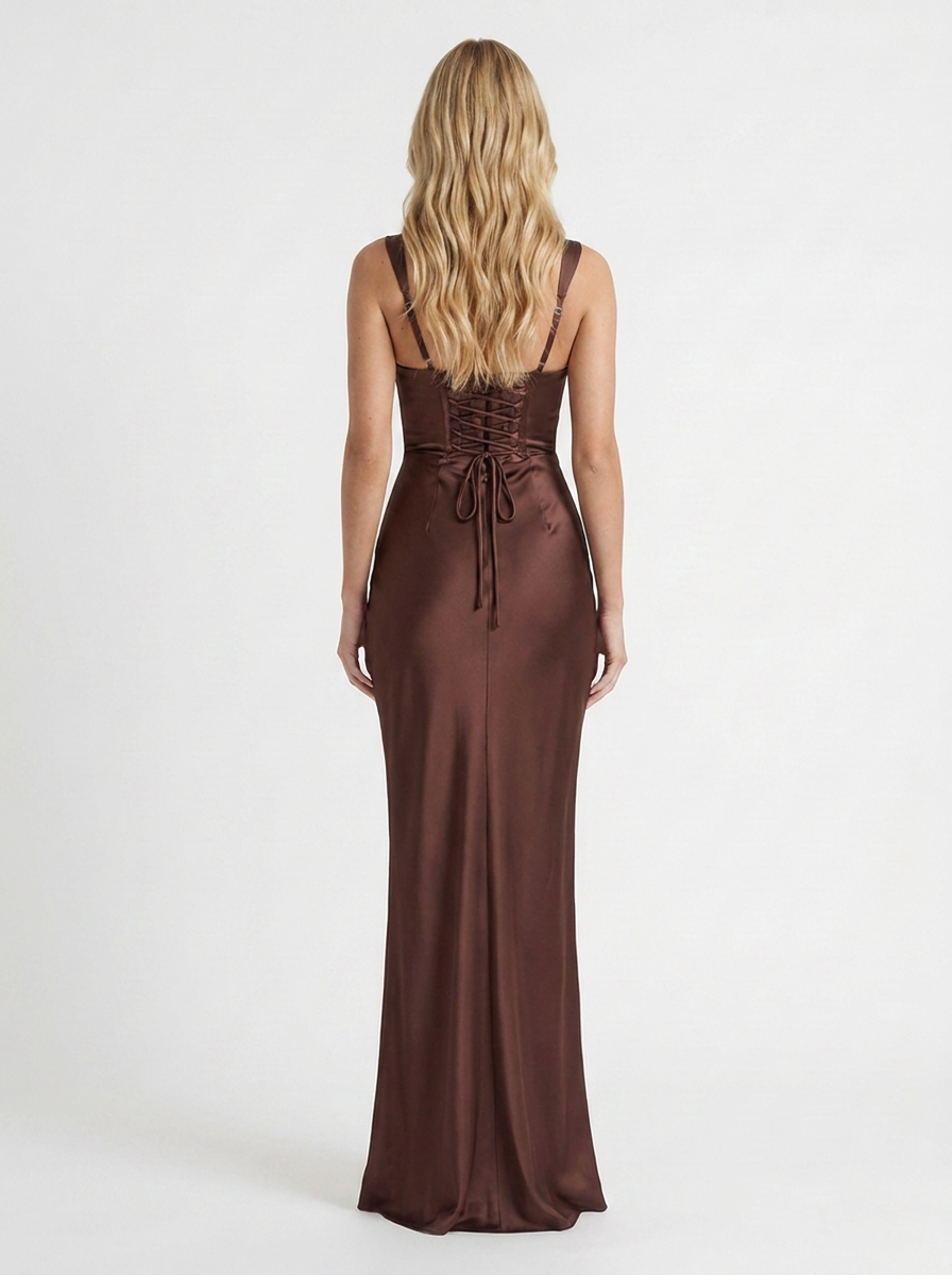 Elara Satin Ruched Strapless Maxi Dress - Brown