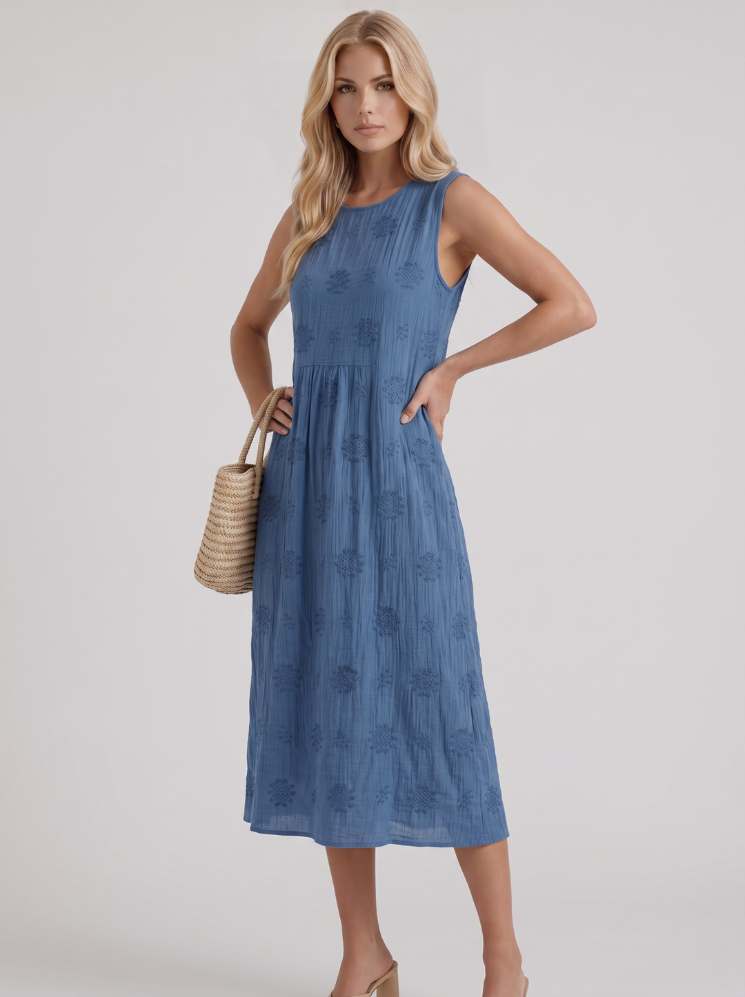 Elin Embroidered Midi Dress - Blue