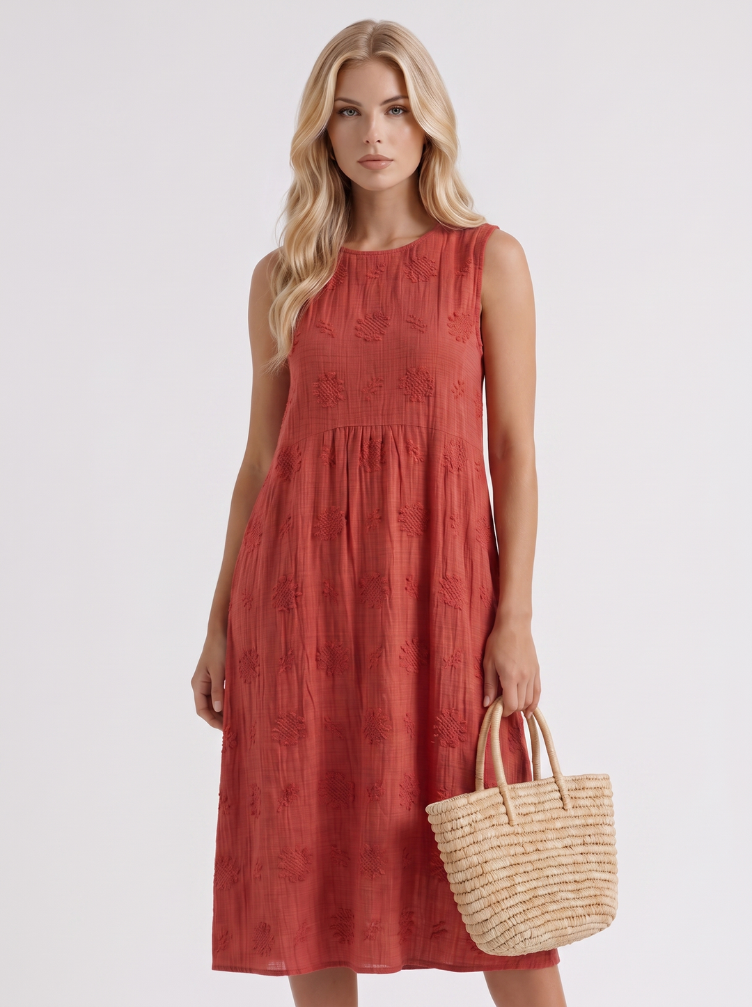 Elin Embroidered Midi Dress - Red