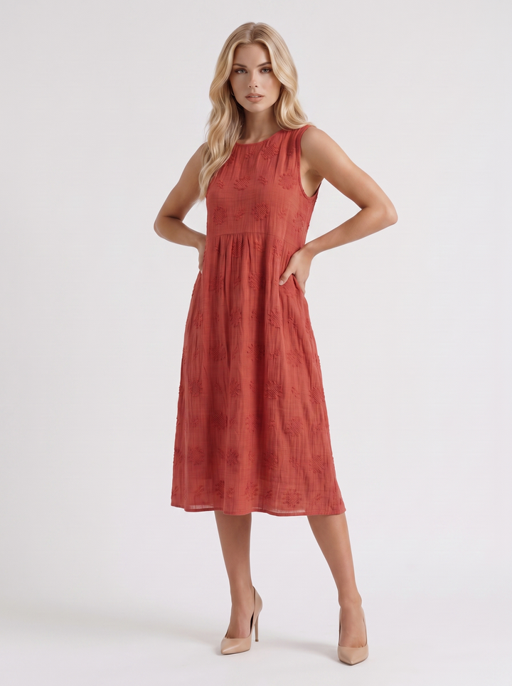 Elin Embroidered Midi Dress - Red