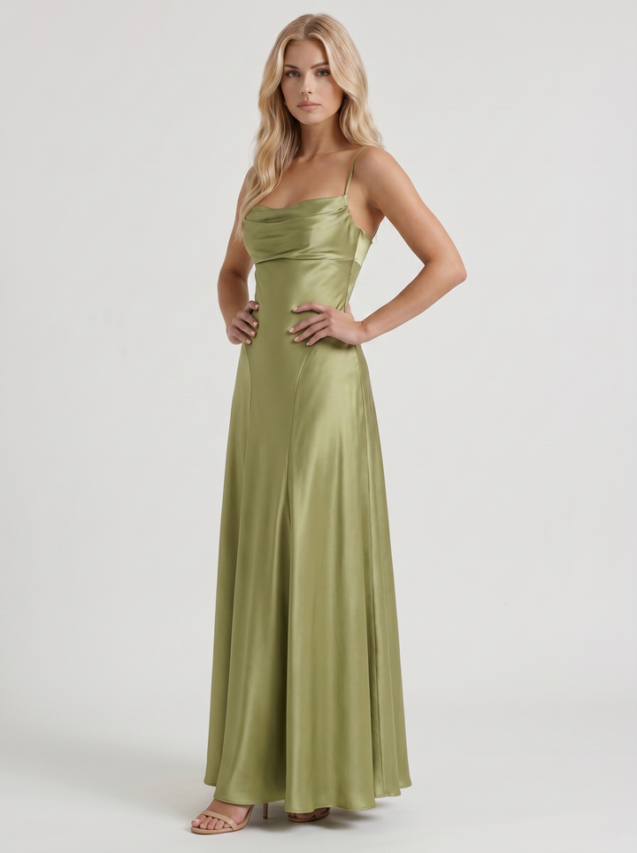 Eloise Cowl Neck Satin Maxi Dress - Light Olive