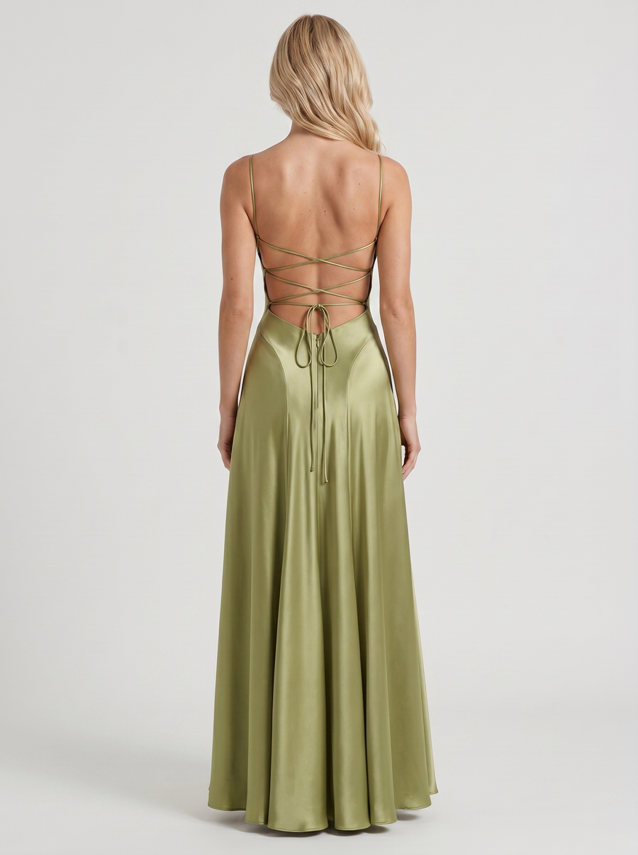 Eloise Cowl Neck Satin Maxi Dress - Light Olive