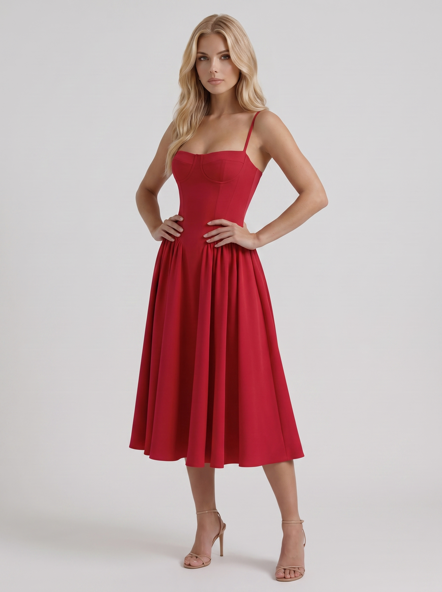 Francesca Sweetheart Ruched Midi Dress - Red