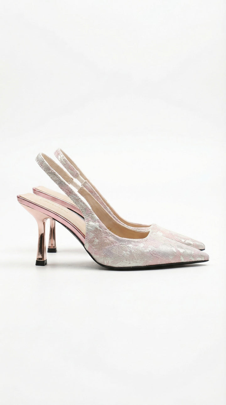 Frida Textured Pointed Toe Slingback Heel Sandals - Light Pink