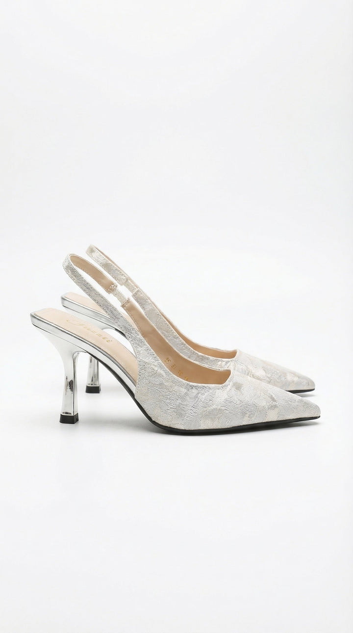 Frida Textured Pointed Toe Slingback Heel Sandals - Silver
