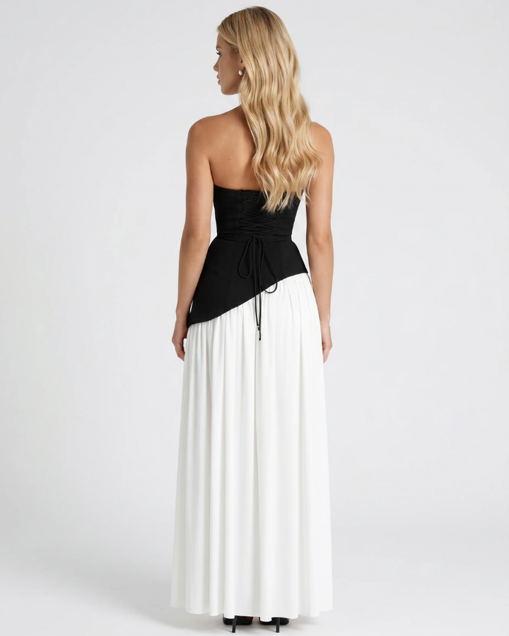 Genevieve Strapless Asymmetric Maxi Dress - Black &amp; White
