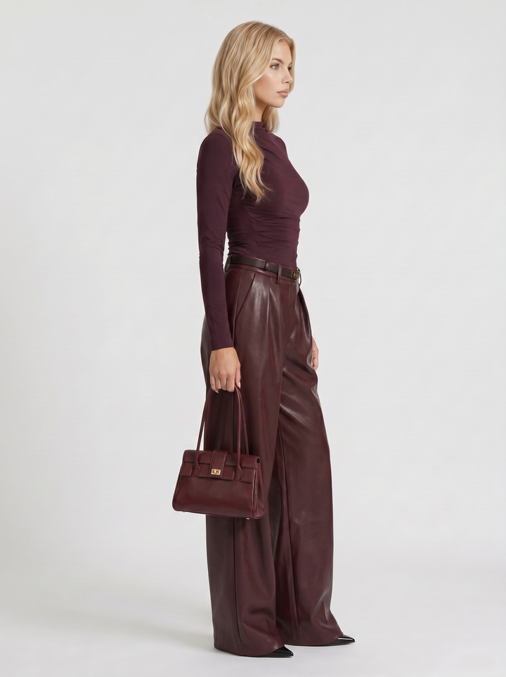 Gianna High Waist Belted Wide Leg Faux Leather Pants - Plum