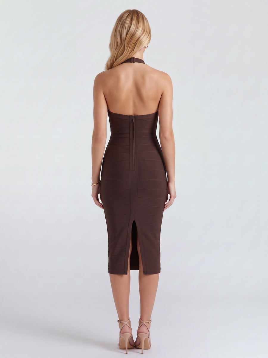 Gwen Halter Midi Dress - Brown
