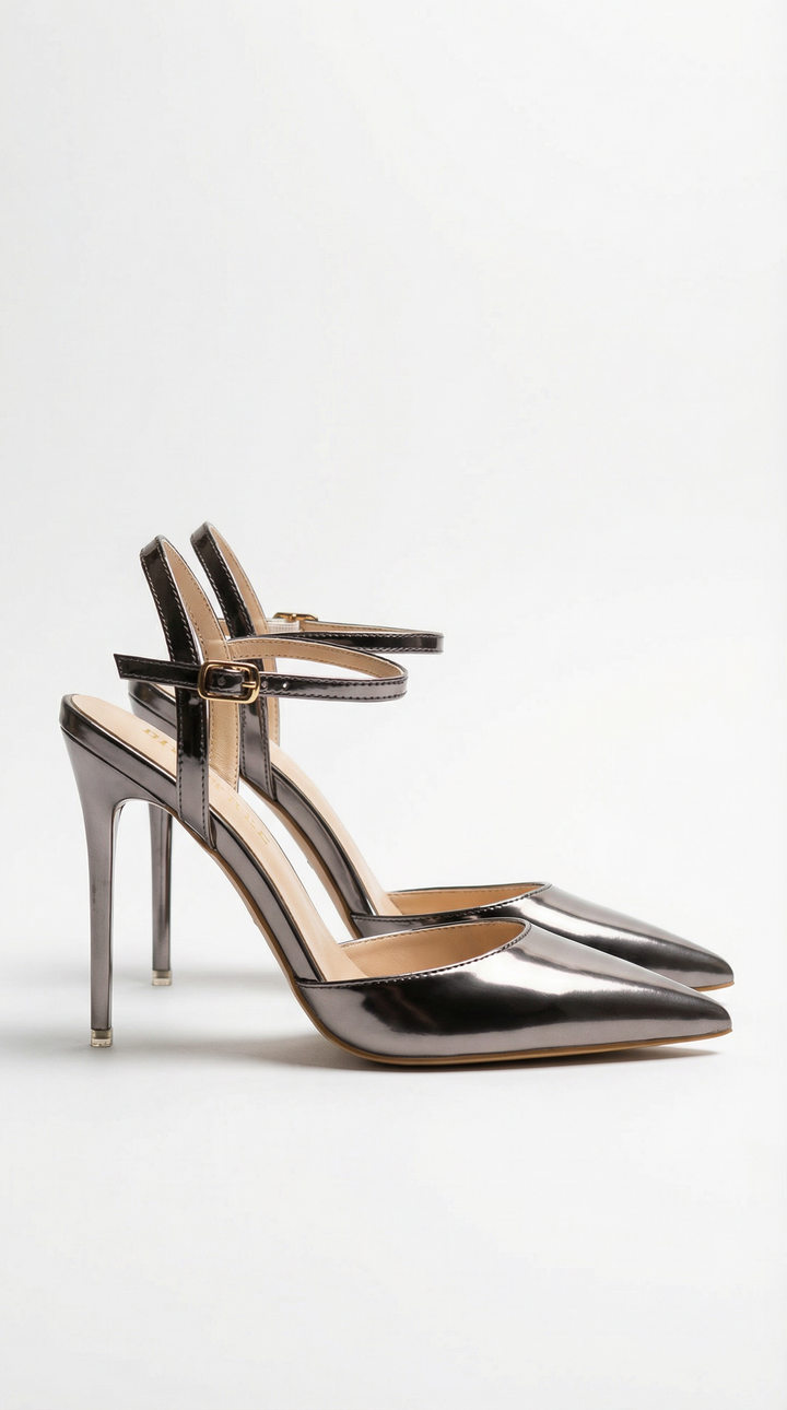Jula Metallic Pointed Toe Stiletto Sandals - Gunmetal
