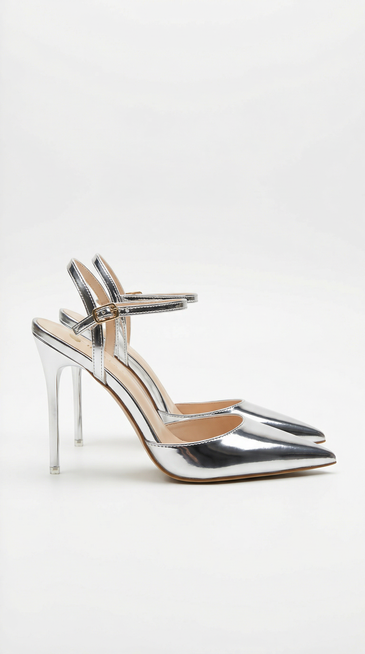 Jula Metallic Pointed Toe Stiletto Sandals - Silver