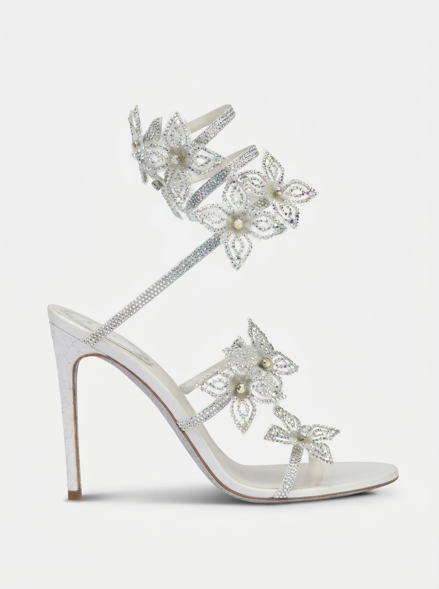 Kimberly Floral Rhinestone Wrap Strap Stiletto Sandals - Silver