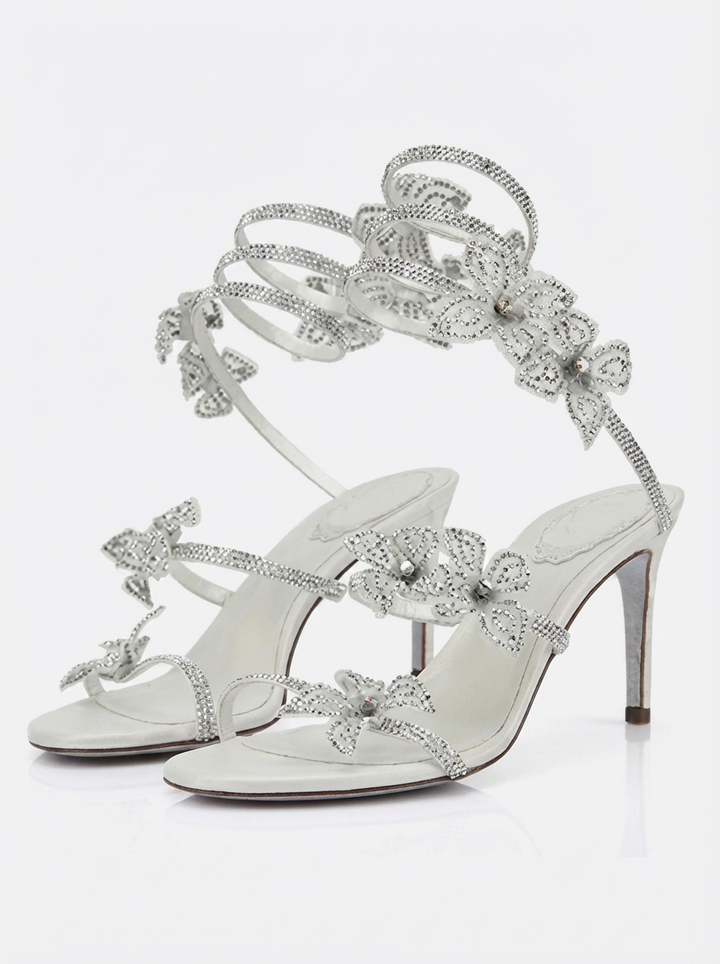 Kimberly Floral Rhinestone Wrap Strap Stiletto Sandals - Silver