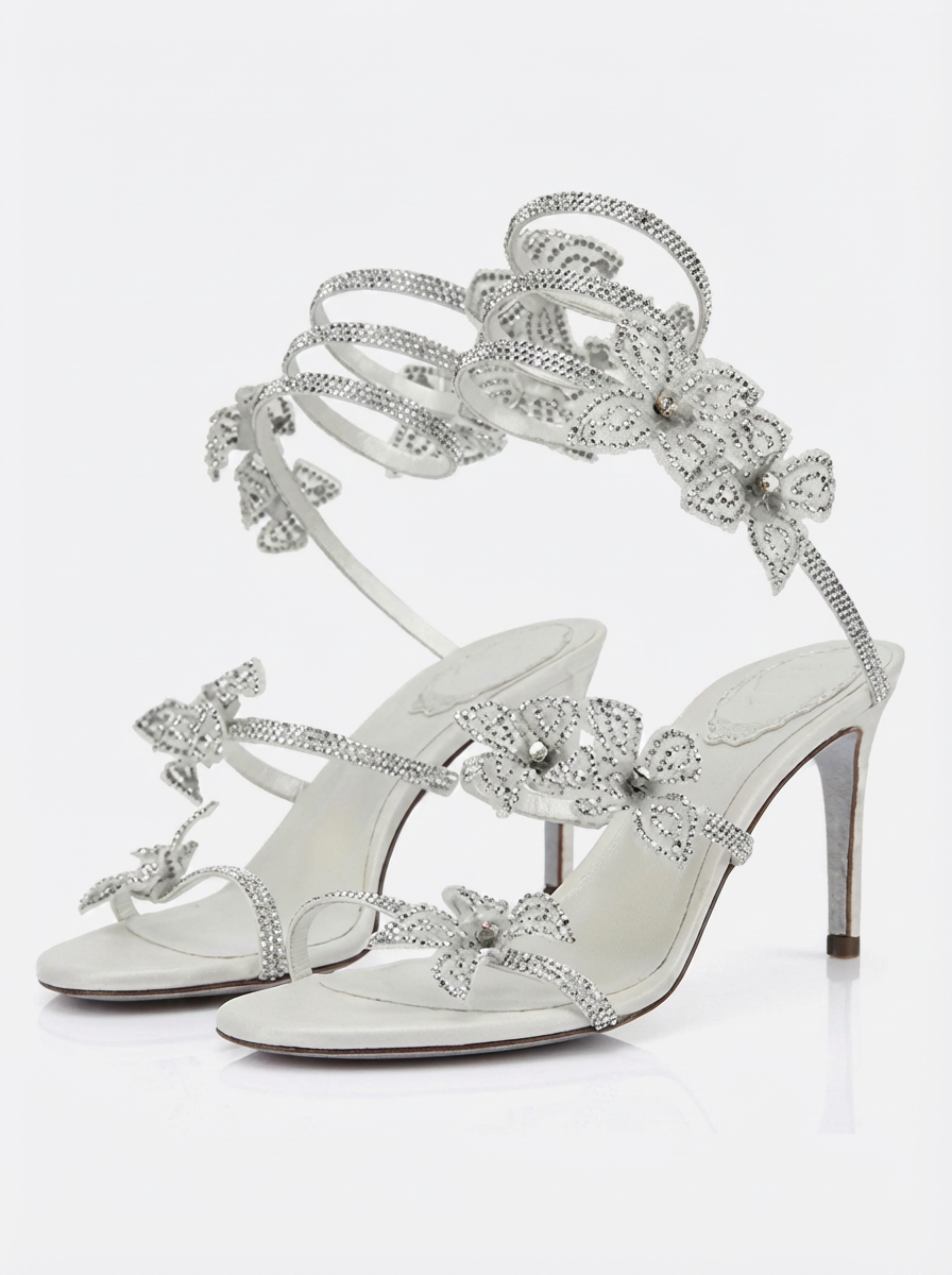 Kimberly Floral Rhinestone Wrap Strap Stiletto Sandals - Silver