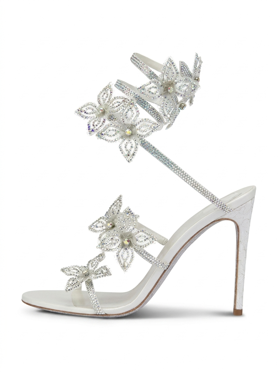 Kimberly Floral Rhinestone Wrap Strap Stiletto Sandals - Silver