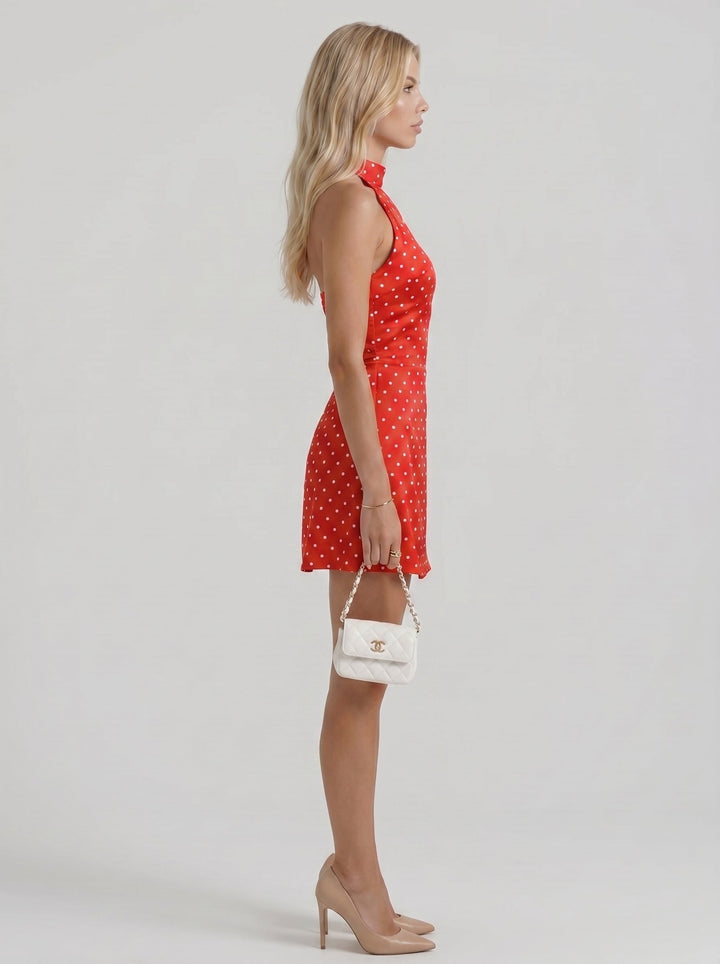 Layla High Neck Halter Polka Dot Mini Dress - Red