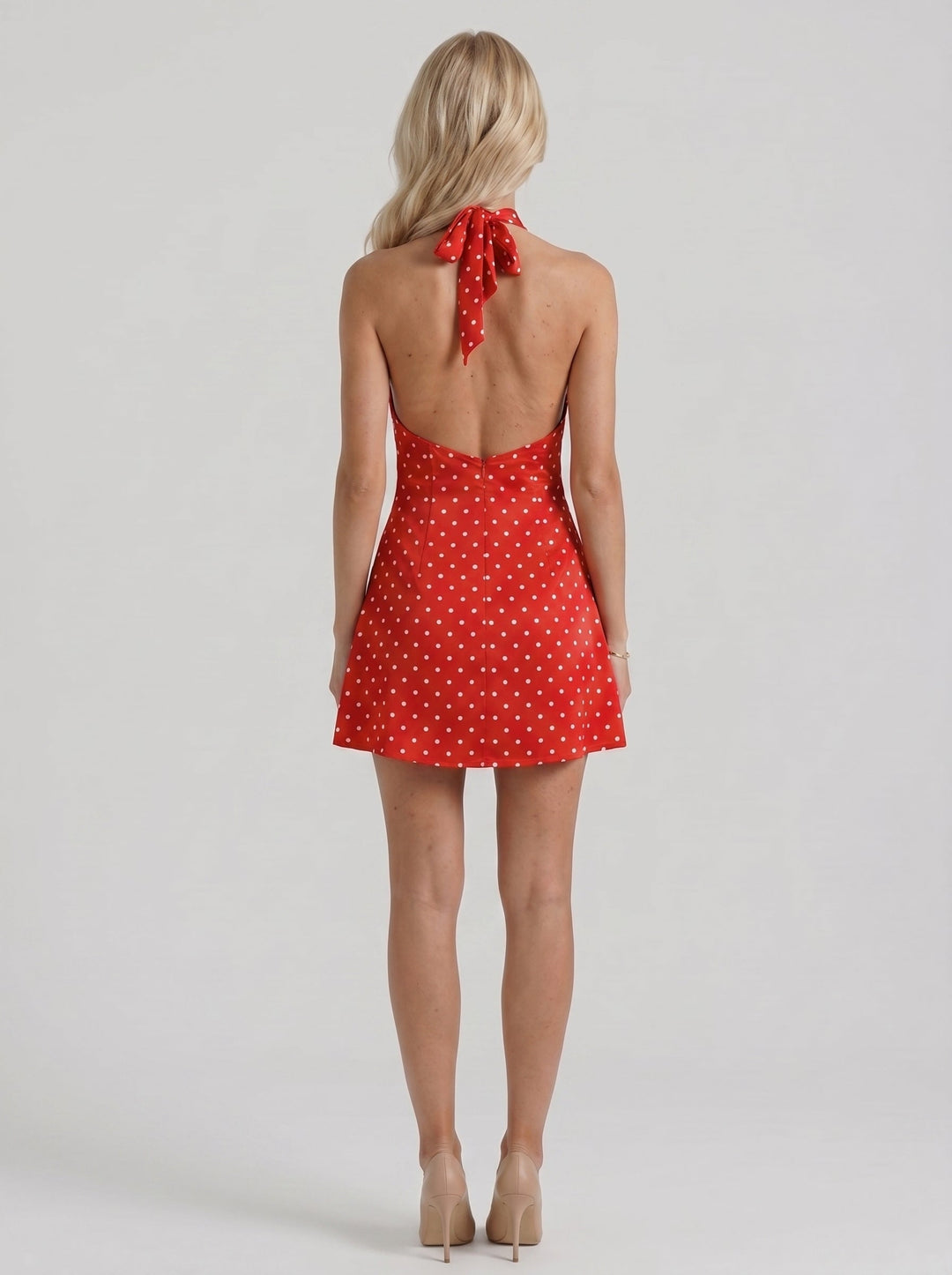 Layla High Neck Halter Polka Dot Mini Dress - Red