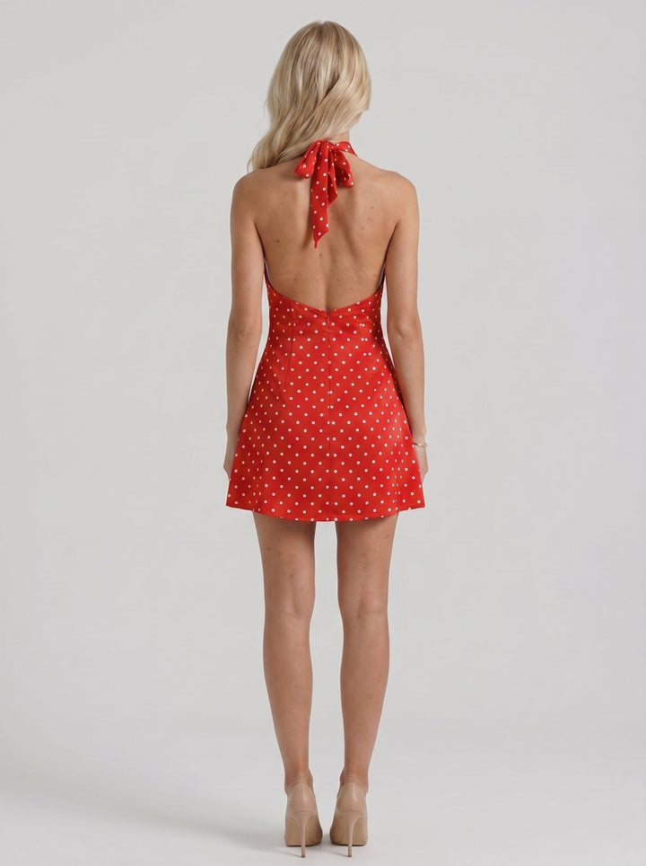 Layla High Neck Halter Polka Dot Mini Dress - Red
