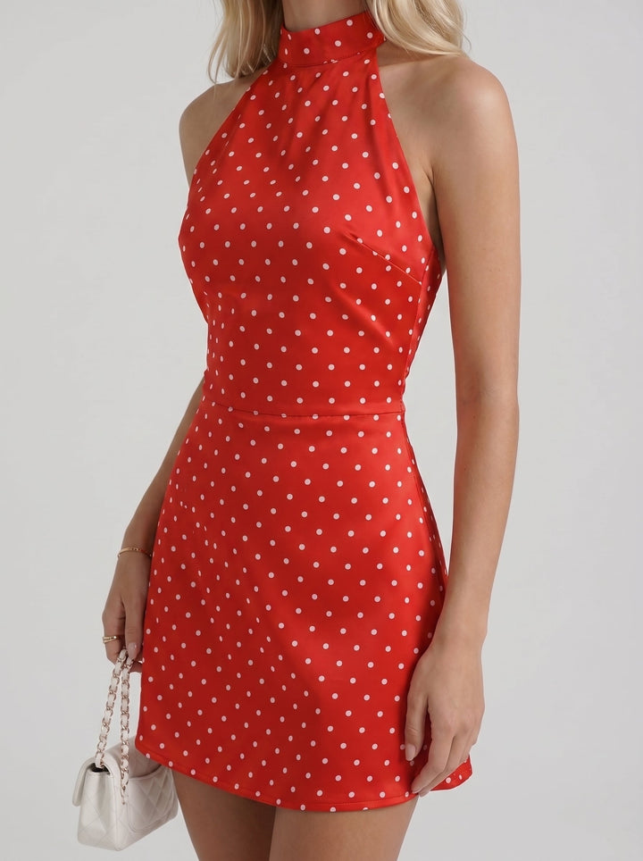 Layla High Neck Halter Polka Dot Mini Dress - Red