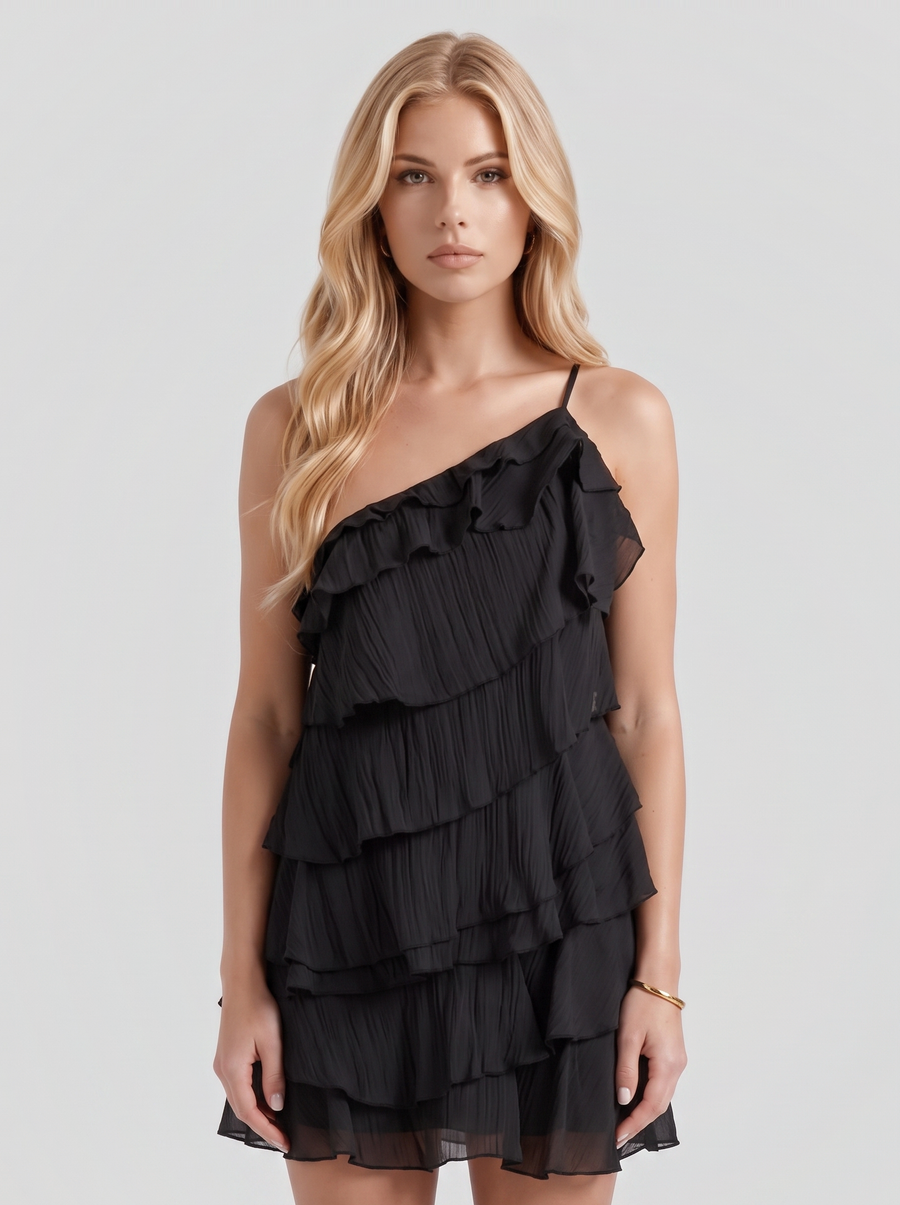 Louisa Tiered Mini Dress - Black