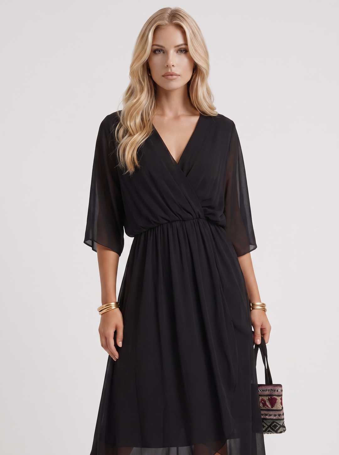 Lucienne Wrap Midi Dress - Black