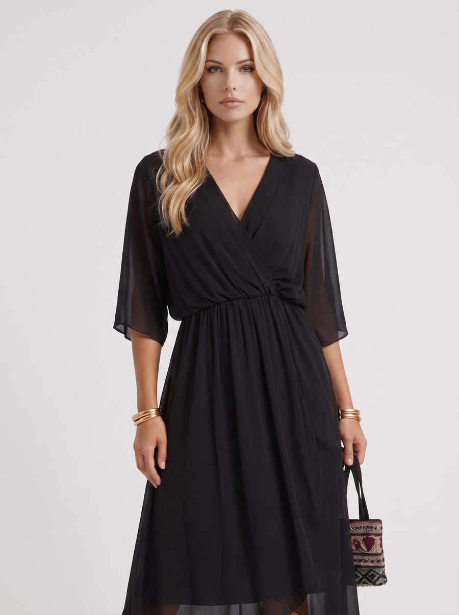 Lucienne Wrap Midi Dress - Black