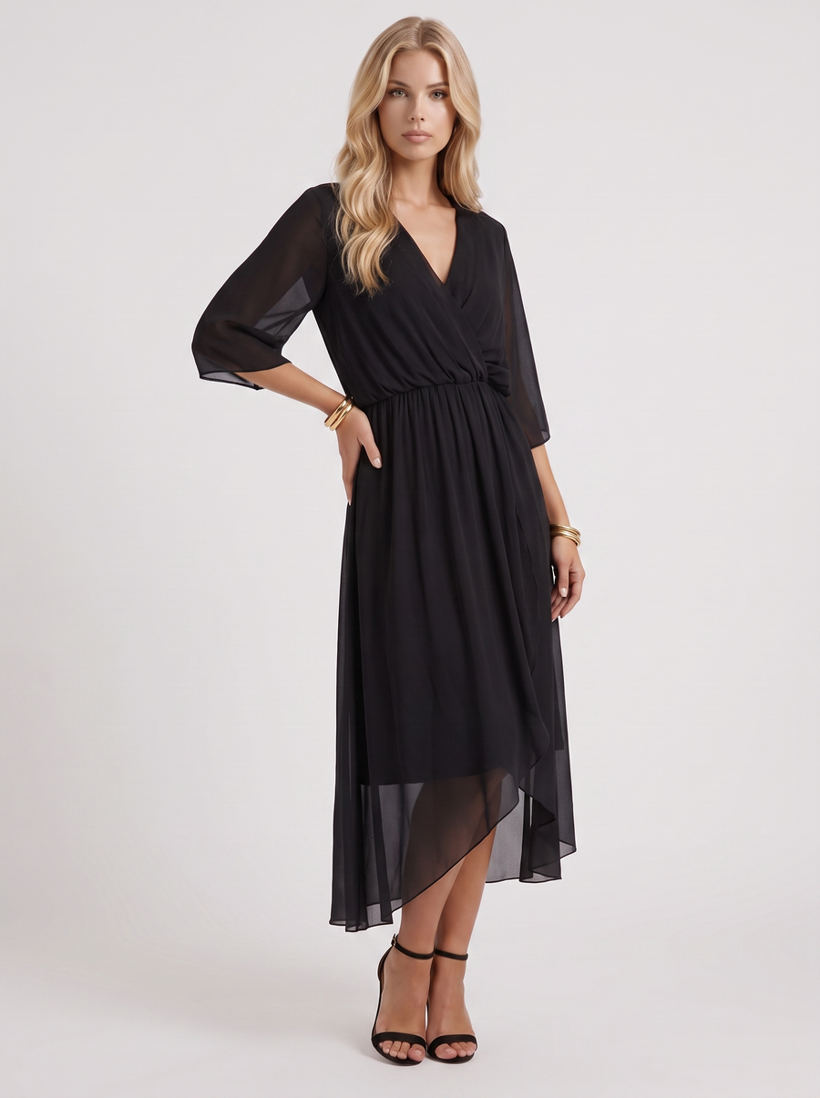 Lucienne Wrap Midi Dress - Black