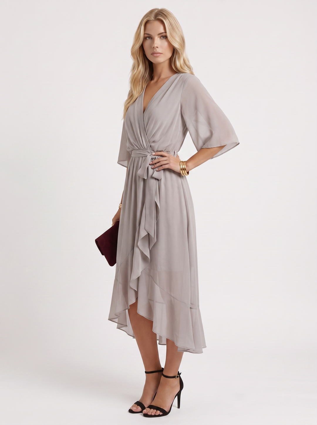 Lucienne Wrap Midi Dress - Grey