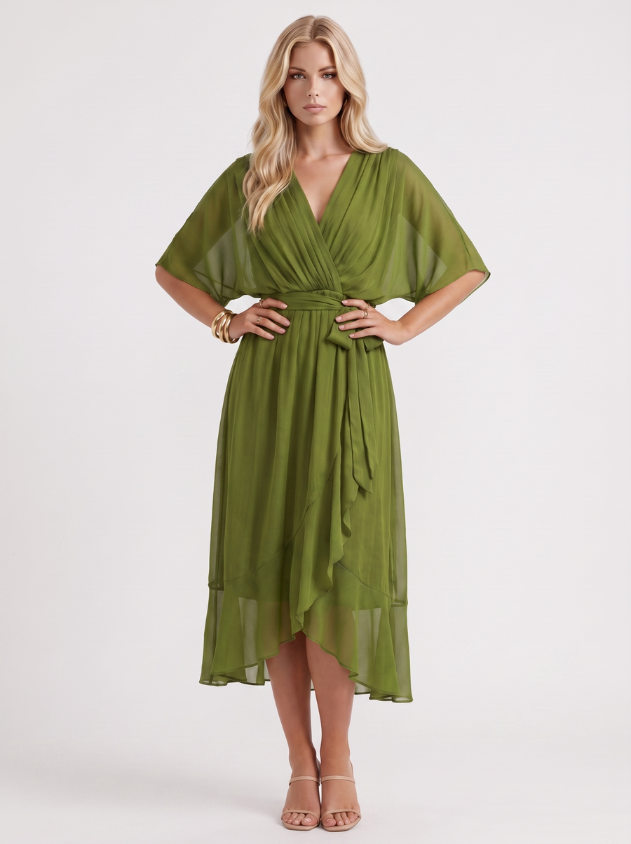 Lucienne Wrap Midi Dress - Olive Green