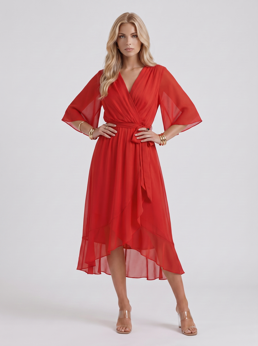 Lucienne Wrap Midi Dress - Red