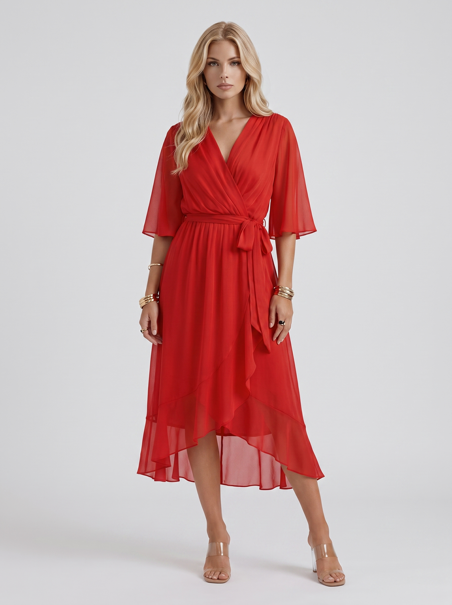 Lucienne Wrap Midi Dress - Red