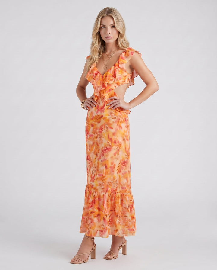Marisol V Neck Ruffle Floral Maxi Dress - Orange