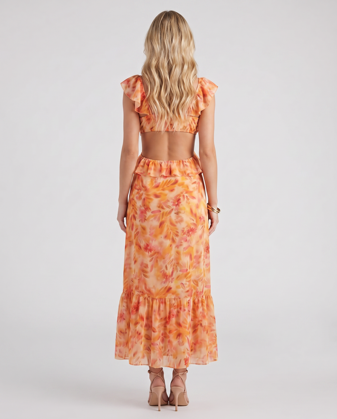Marisol V Neck Ruffle Floral Maxi Dress - Orange