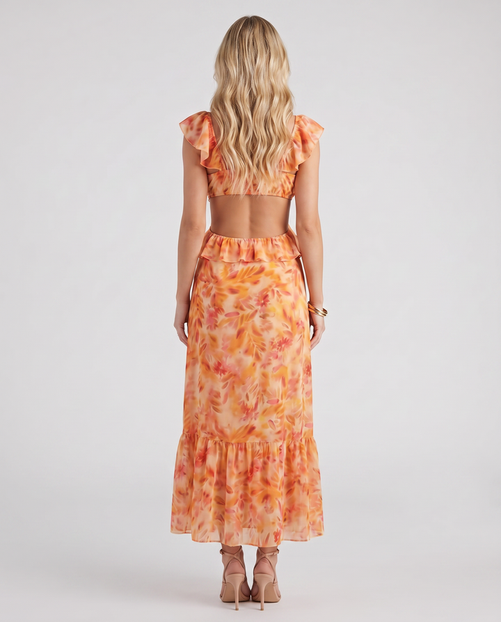Marisol V Neck Ruffle Floral Maxi Dress - Orange
