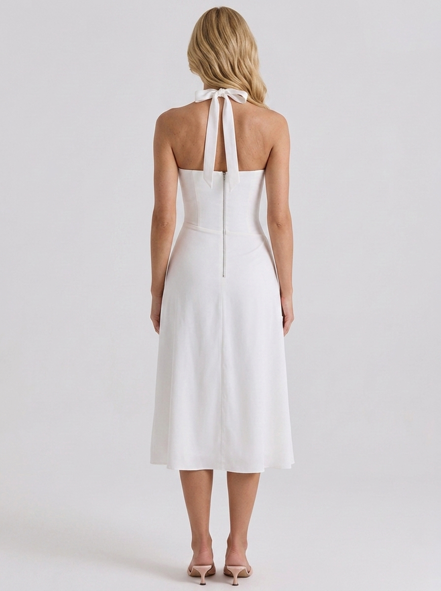 Mia Halter Square Neck Midi Dress - White