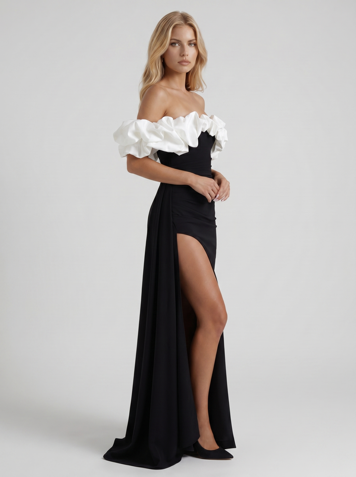 Mira Off Shoulder Ruffle Bardot Bodycon Maxi Dress - Black &amp; White