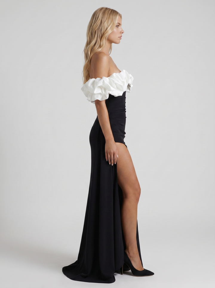 Mira Off Shoulder Ruffle Bardot Bodycon Maxi Dress - Black &amp; White