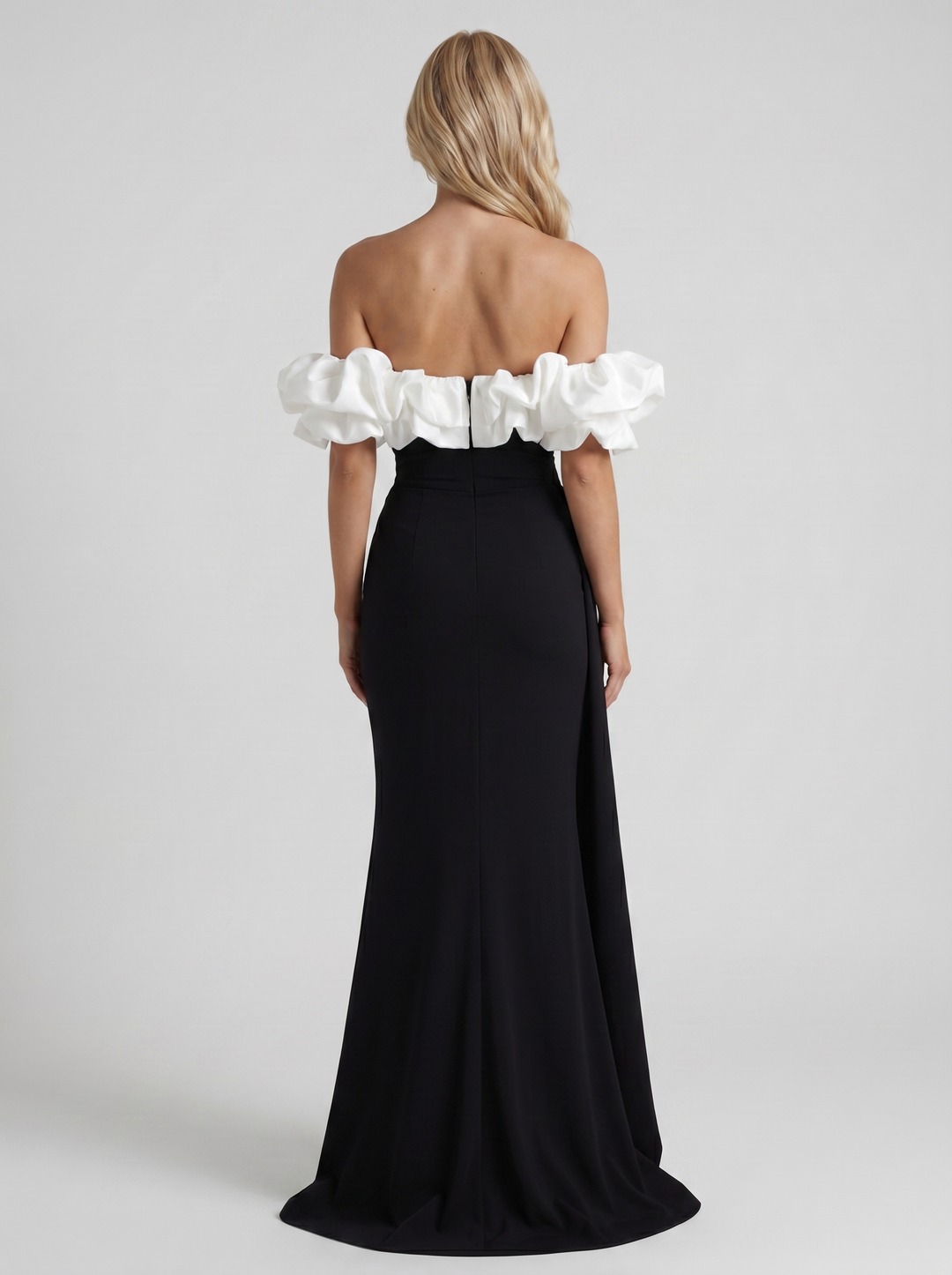 Mira Off Shoulder Ruffle Bardot Bodycon Maxi Dress - Black &amp; White