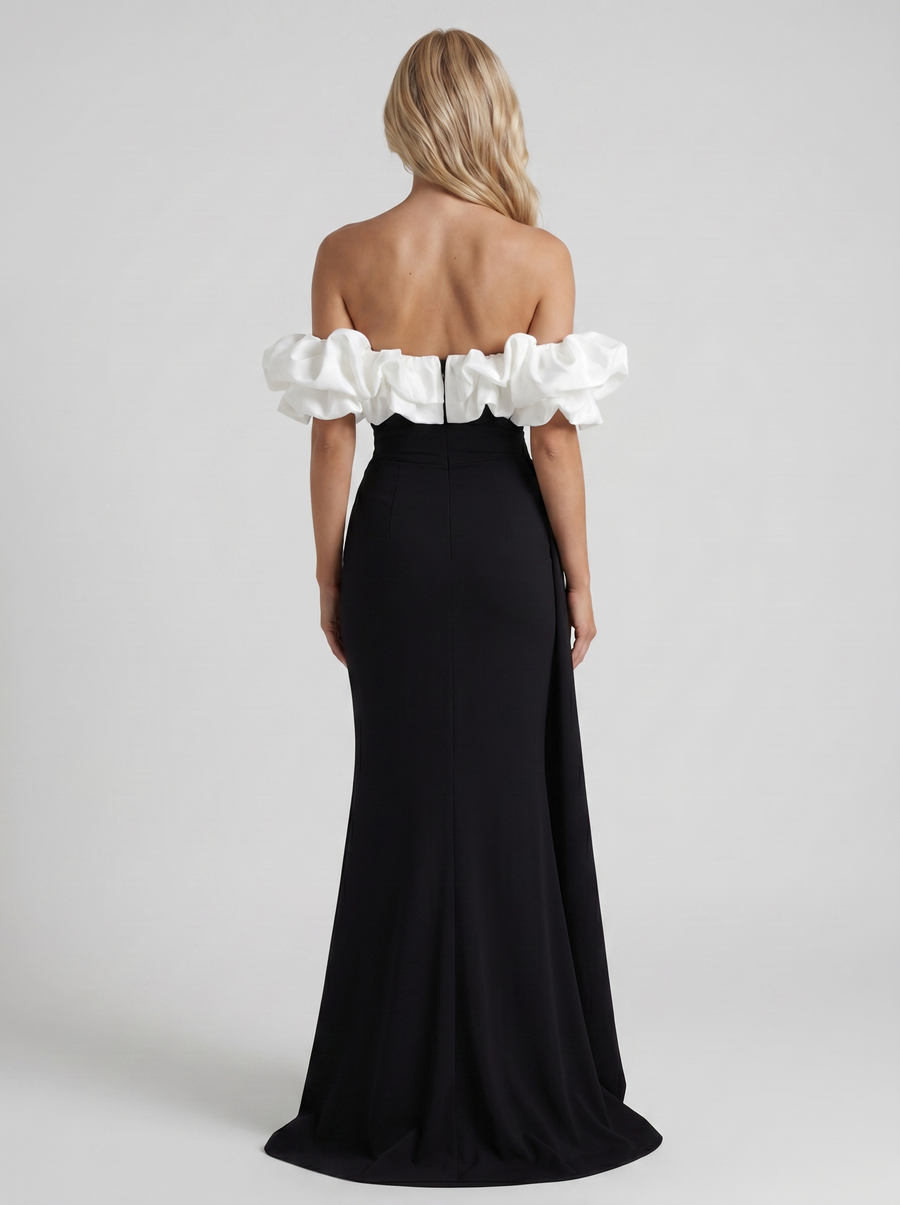 Mira Off Shoulder Ruffle Bardot Bodycon Maxi Dress - Black & White