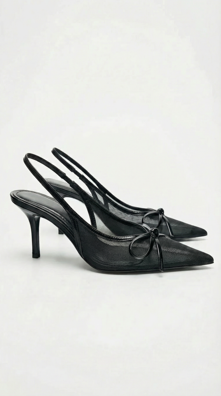 Moore Mesh Pointed Toe Slingback Heel Sandals - Black