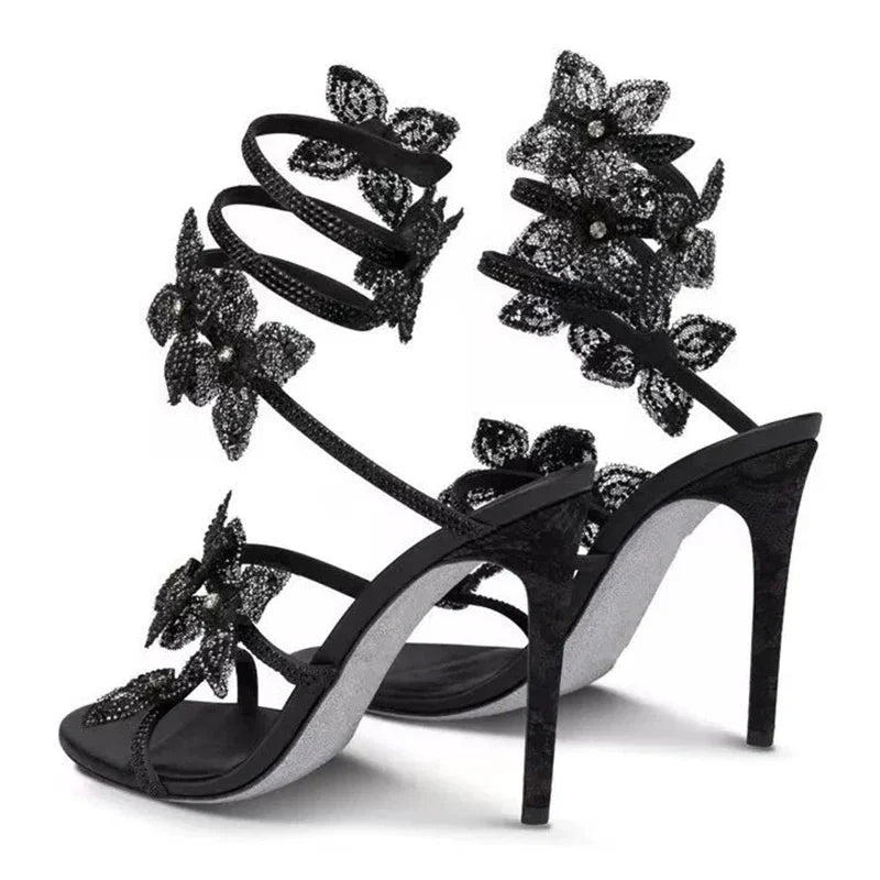 Morgan Floral Rhinestone Wrap Strap Stiletto Sandals - Black