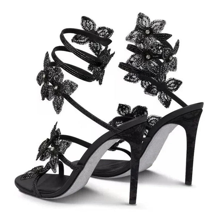 Morgan Floral Rhinestone Wrap Strap Stiletto Sandals - Black