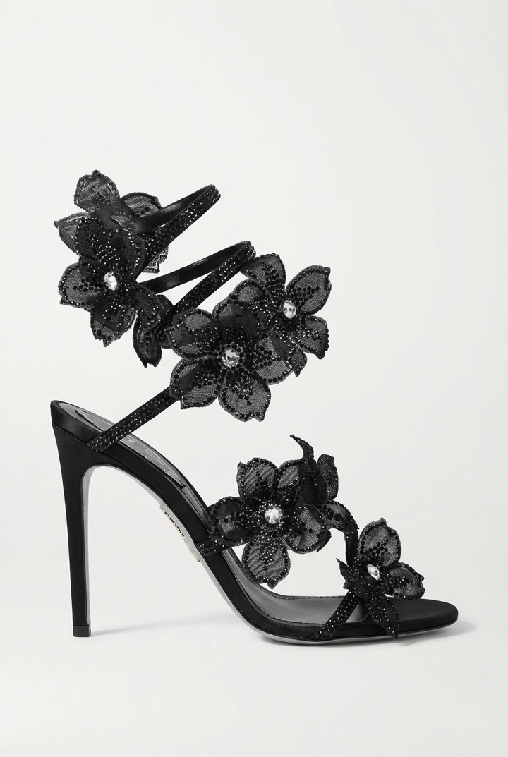 Morgan Floral Rhinestone Wrap Strap Stiletto Sandals - Black