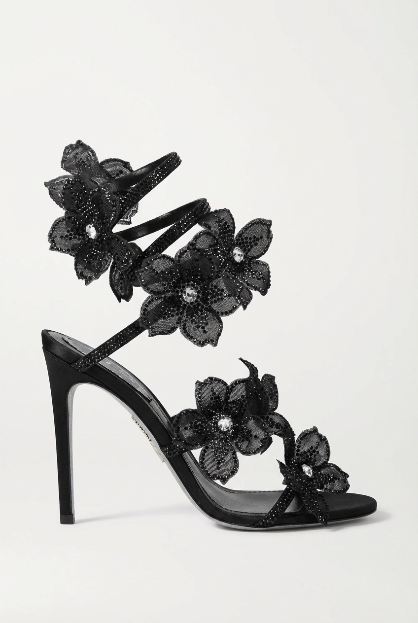 Morgan Floral Rhinestone Wrap Strap Stiletto Sandals - Black