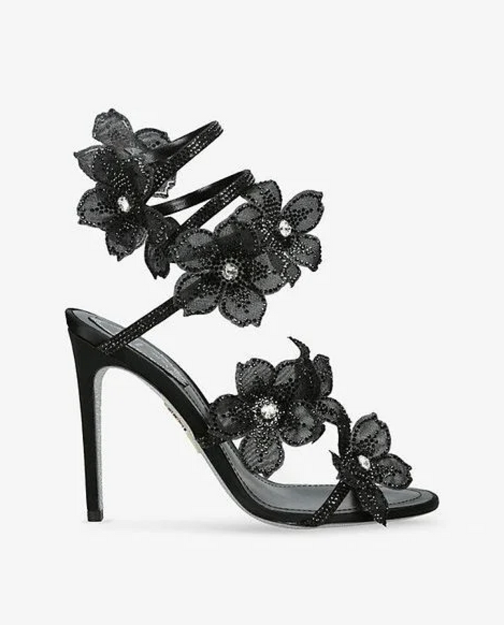 Morgan Floral Rhinestone Wrap Strap Stiletto Sandals - Black